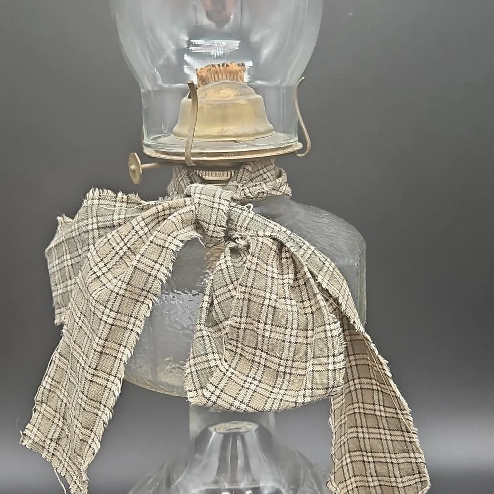 VTG Glass Oil Lamp with Tan Ribbon